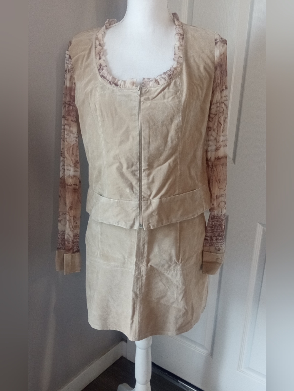 Beige Suede Skirt Set with Printed Long Sleeve Top